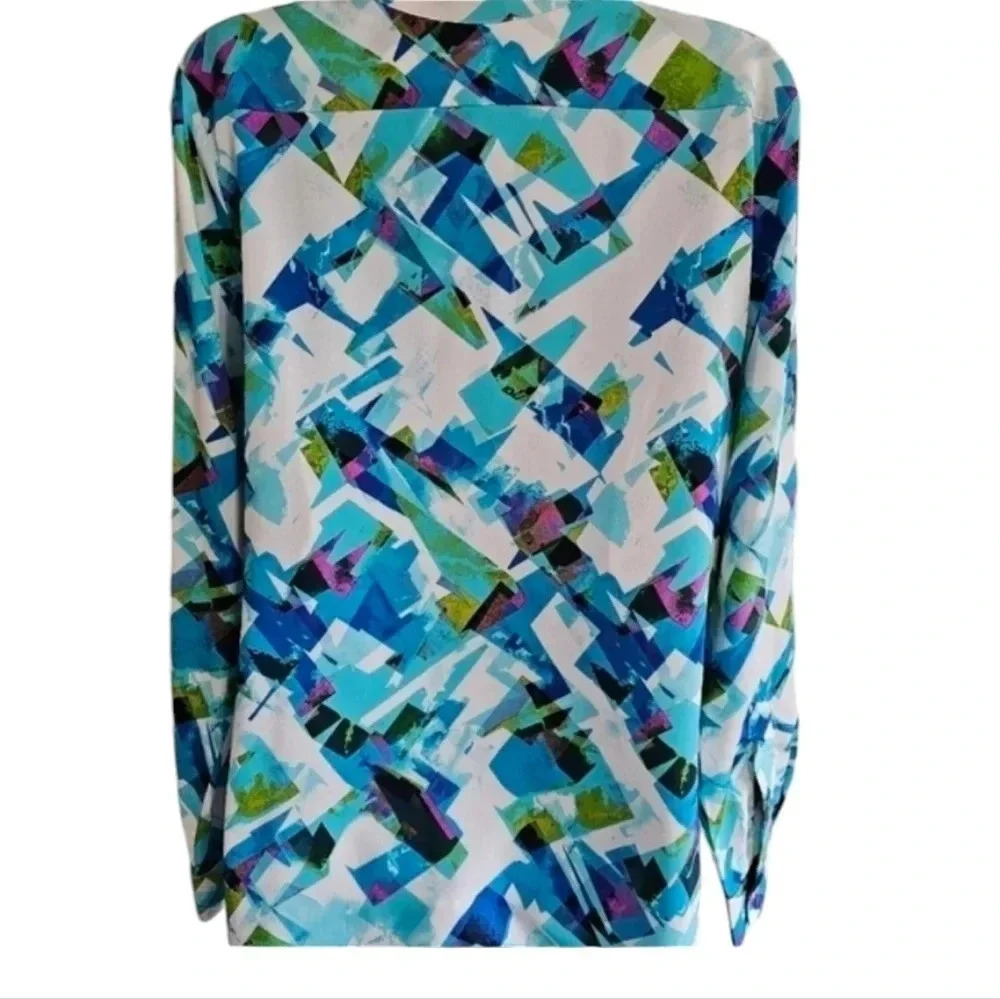 Calvin Klein Medium Abstract Blue White Green Button Down Blouse Office Top - Picture 3 of 7